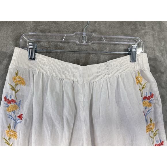 Calypso St. Barth White Linen Pants Straight Leg Embroidered Flowers L Beach - Picture 5 of 7